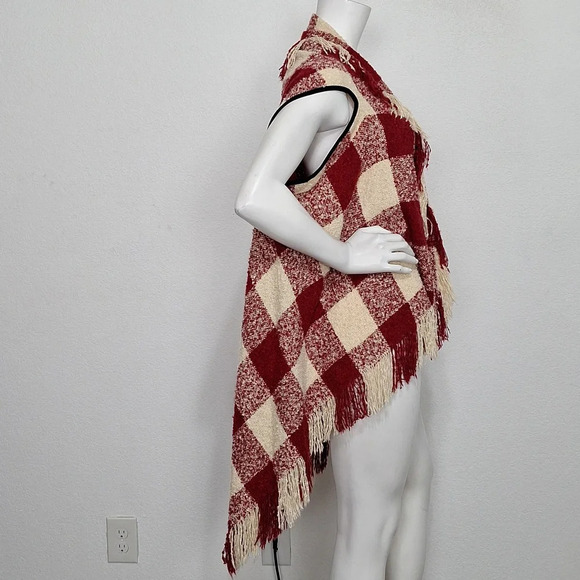 Red & Cream Cowgirl Fringe Plaid Open Front Western Cozy Sweater Vest One Size - Picture 8 of 8